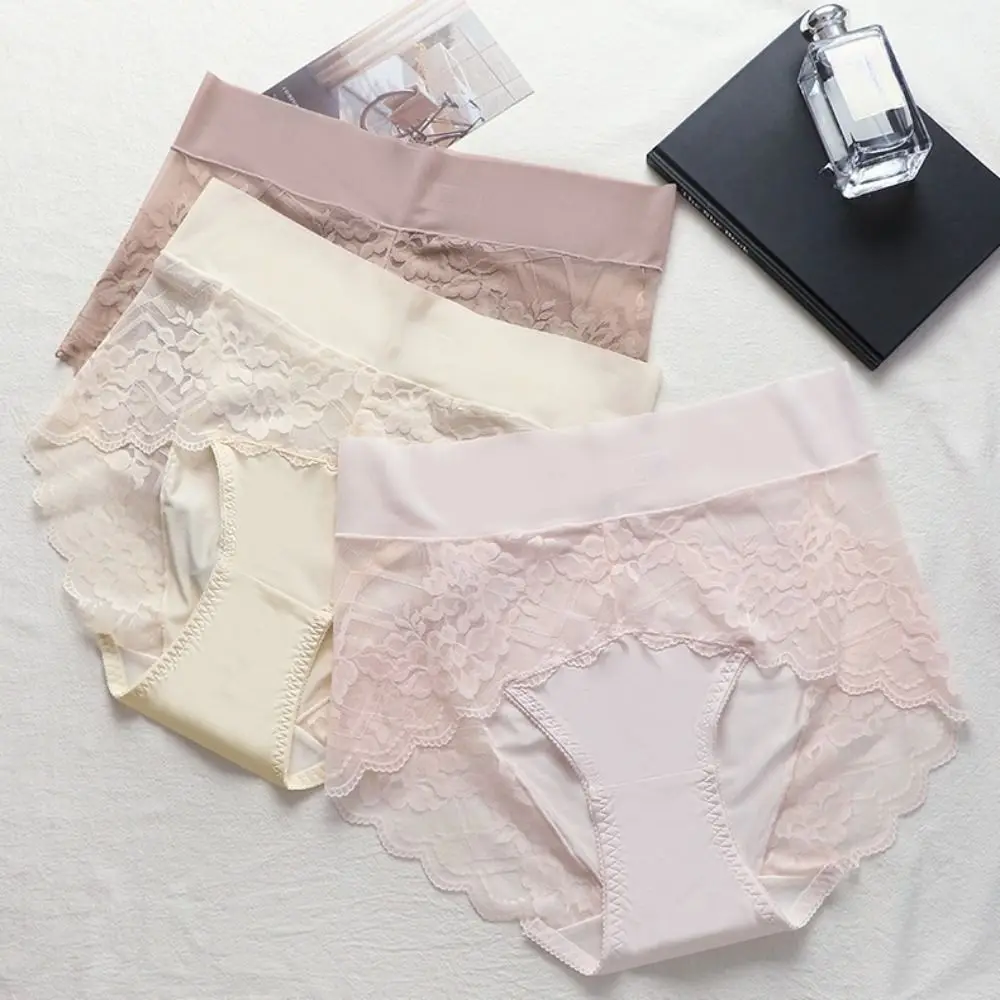 Breathable Thin Women Lace Panties Flower Santi Silk High Waist Briefs Large Size Seamless Lace Mesh Underwear Women