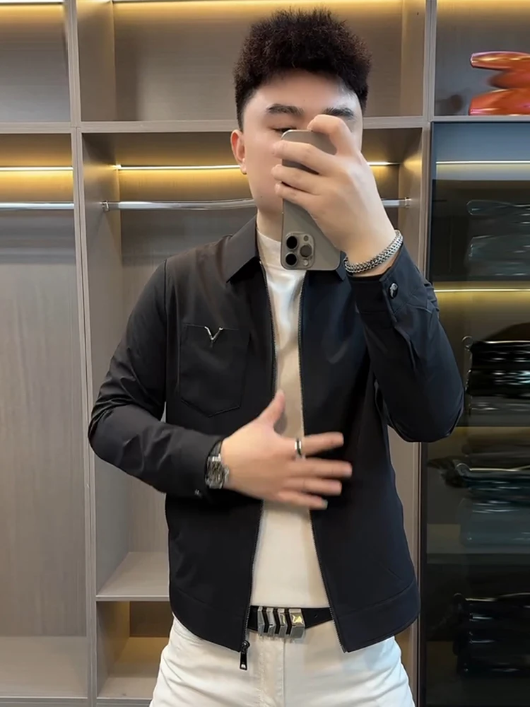 

Busin Casual Slim Fit Men's Jaet Bla Collar up Faionable Winter Outerwear Windproof Long Sve Zipper Closure