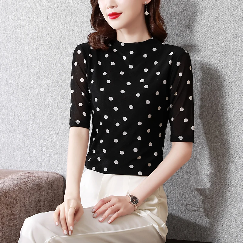 Spring Summer Women\'s Half-sleeved T-shirt Female Double-Layer Dot Mesh Tops Woman Vintage Simple Tees Shirt M-4XL