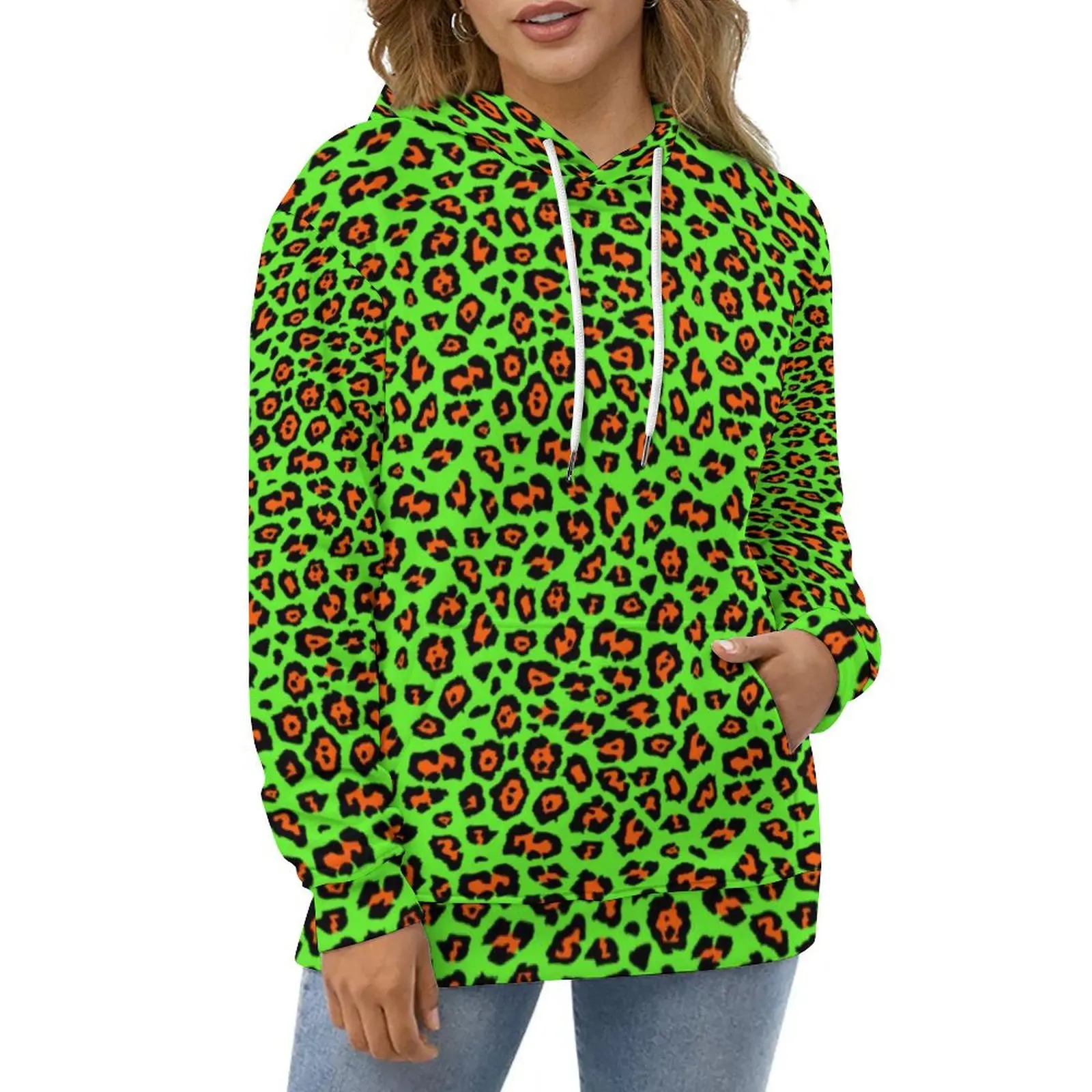 

Cheetah Animal Hoodies Long-Sleeve Leon Green Leopard Casual Pullover Hoodie Autumn Hip Hop Oversize Loose Hooded Sweatshirts