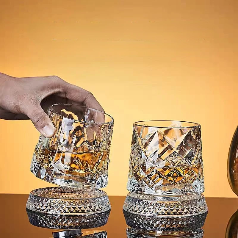 Crystal Whiskey Glass 280ml 360 Rotating Spinner Cup with Base Diamond Cut Ice Flower Pattern for Bar Home Party Wedding Gifts