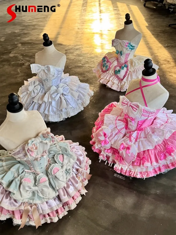 

Original High-end Elegant Sweet Socialite Princess Birthday Dress Sleeveless Off-shoulder 3D Bow Lace-up Mini Lolita Dress Women
