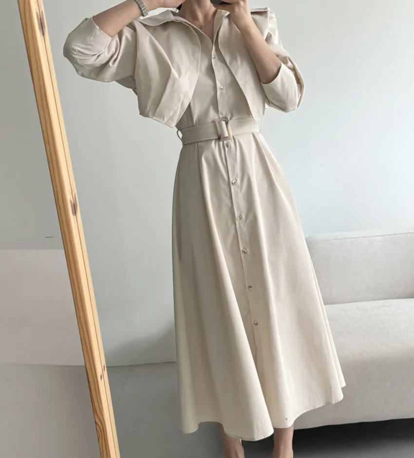 Korean Chic Fashion Designer Autumn Fake Two Piece Trench Dress For Women Lapel Single Breasted Lace Up Belt Loose Long Clothes