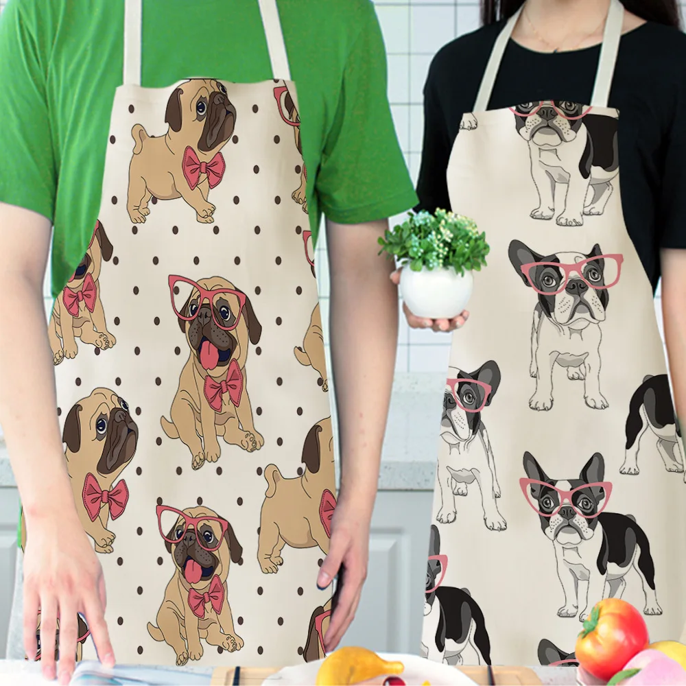 1 Pcs Cotton Linen BullDog Dog Print Kitchen Aprons Unisex Dinner Party Cooking Bib Funny Pinafore Cleaning Apron