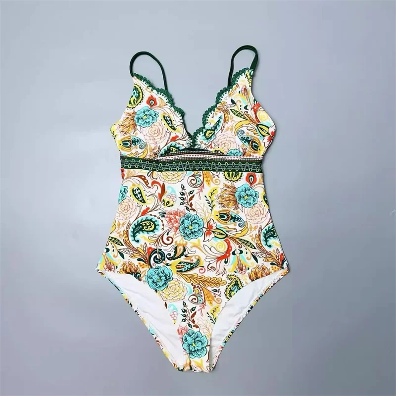 French Fresh printed sexy one-piece swimsuit with chest cushion summer colorful beach vacation bikini wireless bathing suit
