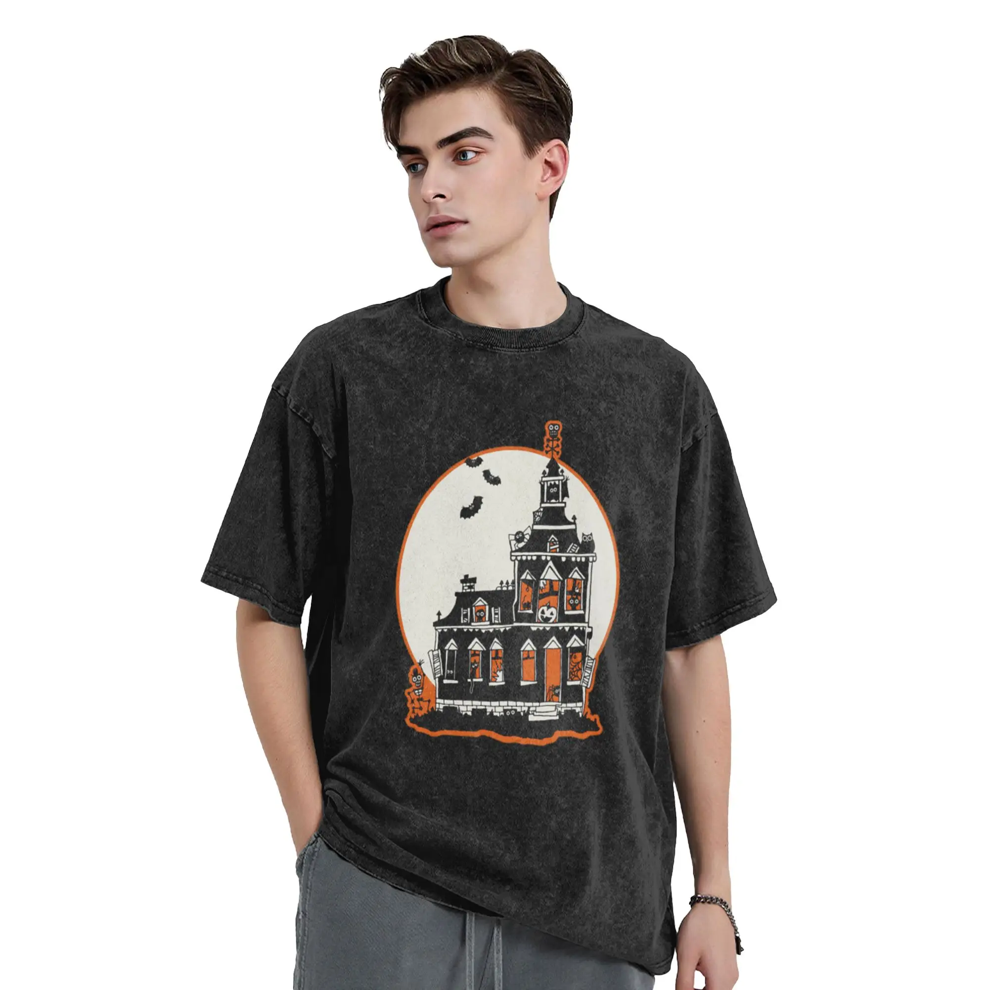 Vintage Style Haunted House - Happy Halloween  Unique Trendy A Washed T Shirt Men's Women's Oversized Cotton Tees Tops