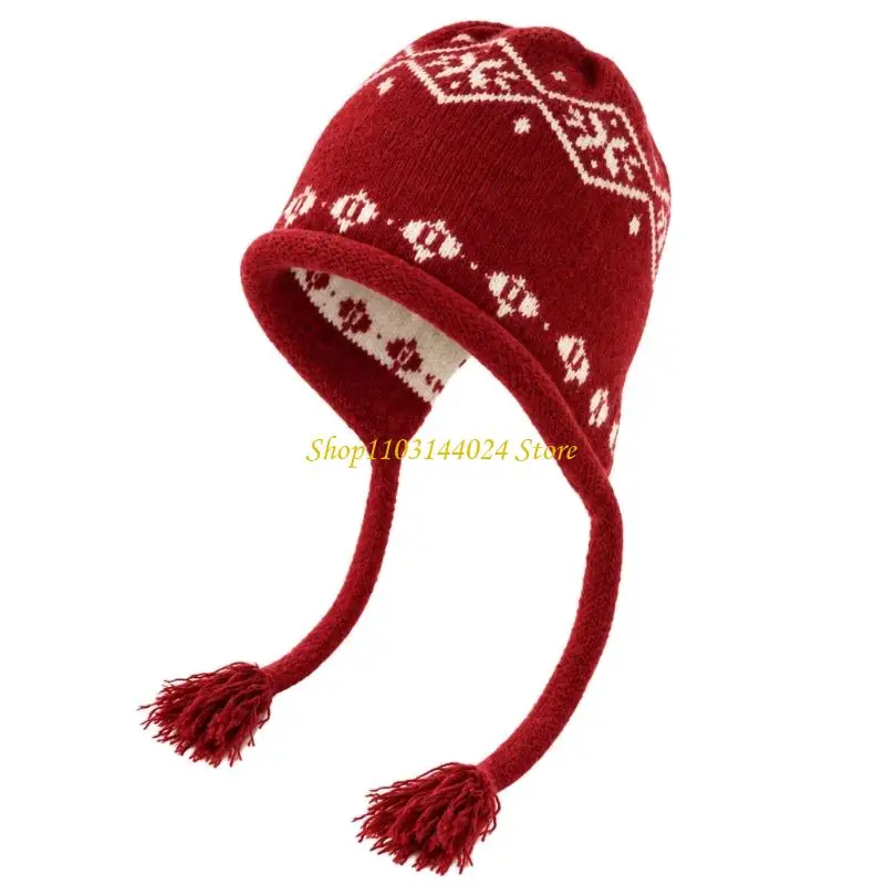 N5KE Jacquard Earflap Hat with Relaxed Top and Long Fabric Side Ties