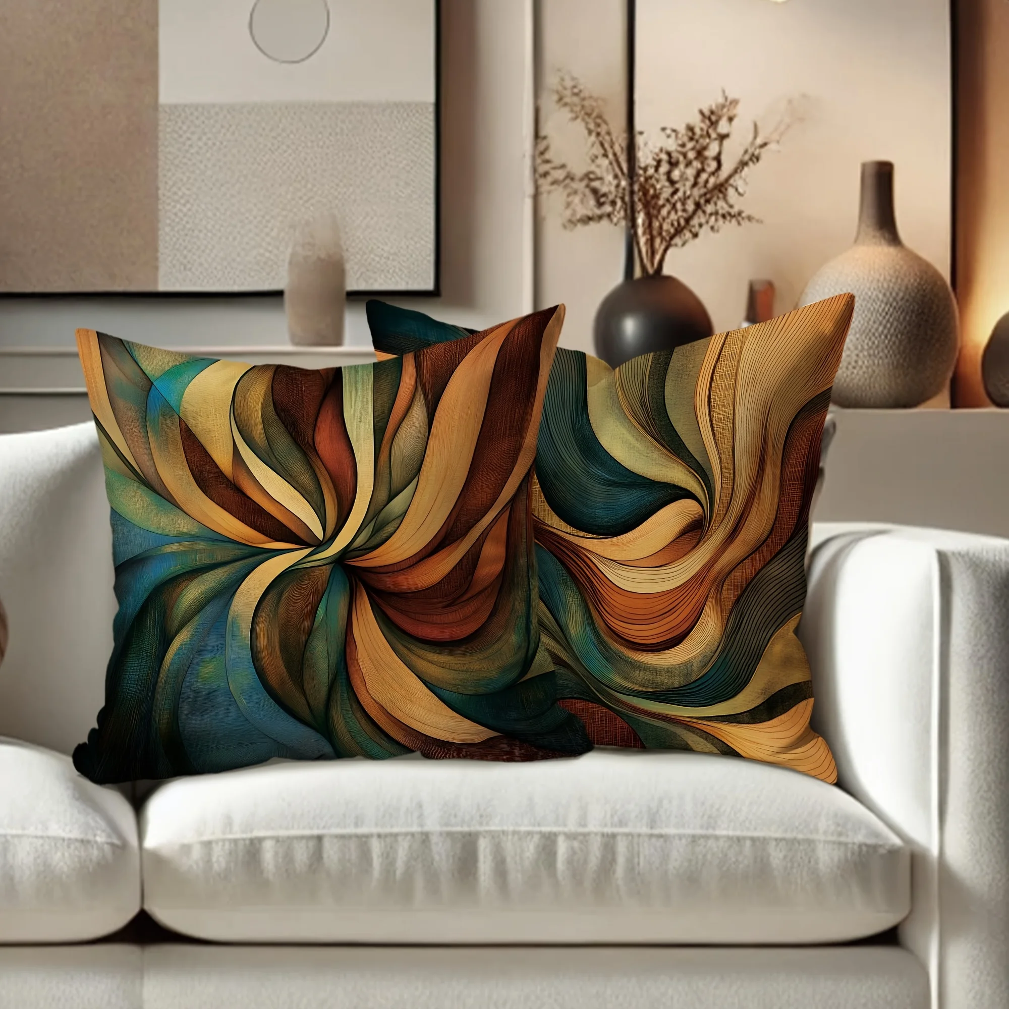 4 piezas  fundas  almohada  abrazo floral y eucalipto abstracto - Diseño ondulado  ver oliva, blanco, naranja y azul,