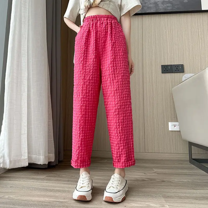 

Women's Clothing Spring Autumn Elastic Plaid Contrast Color High Waisted Pockets Casual Straight Sweatpants Trousers Pants