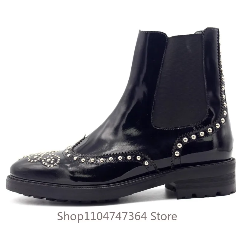 

New British Rivet Chelsea Boots Men's Handmade Pointed Toe Sculpted Brogue Shoes Youth Genuine Leather Business Dress Boots