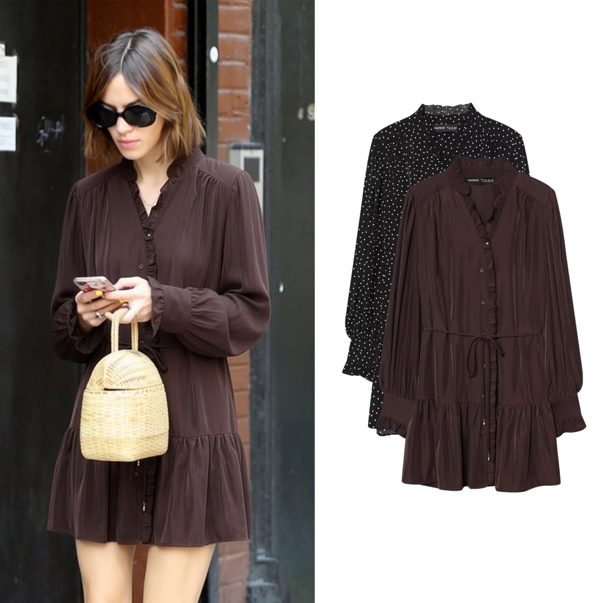 

Women Elegant Mini Dress Spring Female Fashion V-neck Pleated Single Breasted Dresses Lady Casual Long Sleeves Short Mujer
