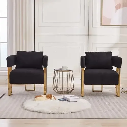 Modern Accent Chairs no Wheels, Living Room Side Chairs Set of 2 with Golden Metal Legs, Barrel Soft Teddyt Upholstered