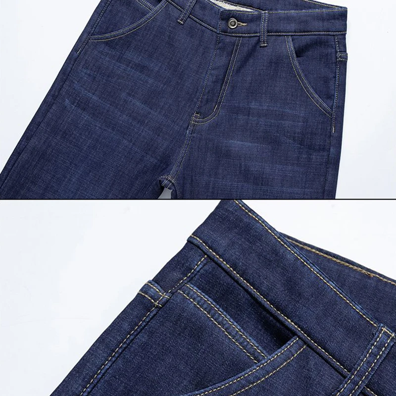 الرجال الخريف الشتاء صوف مبطن سميكة الدافئة الجينز الذكور موضة فضفاضة مستقيم الدينيم السراويل الذكية عادية مريحة بنطلون