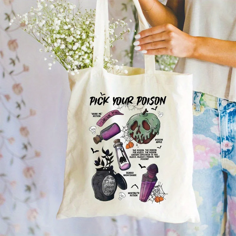 Pick Your Poison Pattern Tote Bag, Funny Halloween Canvas Gift Bag, Portable Shoulder Bag For Shopping