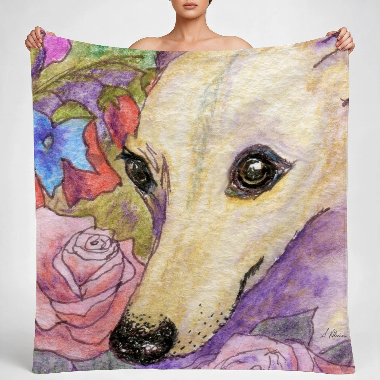 Shy flower whippet greyhound dog hiding in the garden Throw Blanket couch cozy soft plush fuzzy picnic outdoor blanket