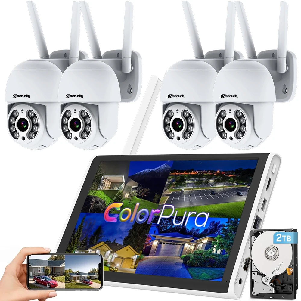 10CH Wireless Security Camera System Outdoor with Monitor | 4pcs 2K Security Cameras Outdoor with Person Detection, Spotlight=