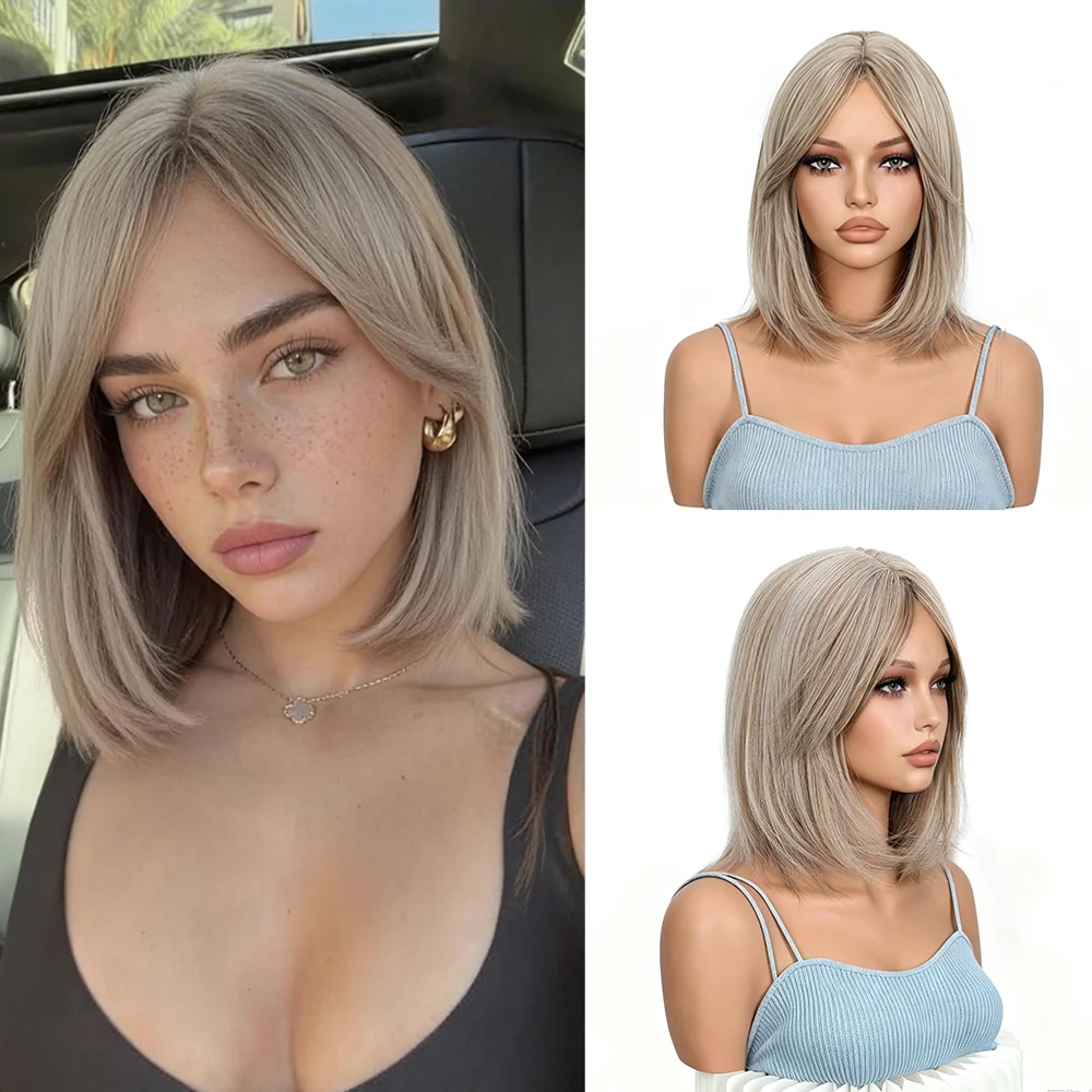 Synthetic 12Inch Middle Part Curtain Bangs Short Blonde Straight Bob Wig for Women Natural Daily Wear & Party Styling