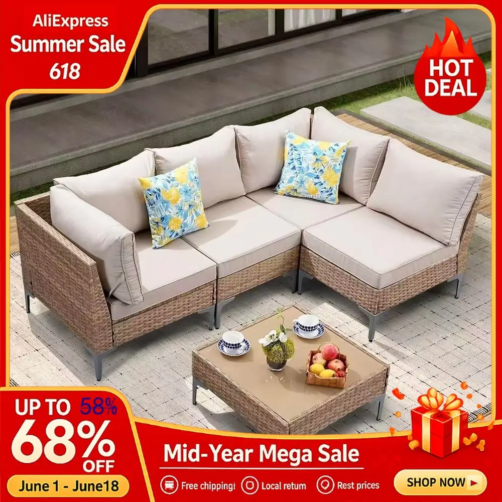5 Piece Wicker Patio Furniture Set,Outdoor Conversation Sectional Sofa w Coffee Table,AllWeather Outdoor Sofa, Custom