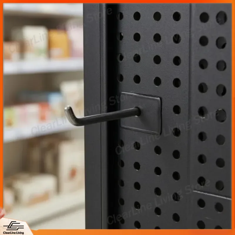 Pegboard Floor Display Perforated Panels Rotating Display Rack Retail Fixture Round Light Base Neutral Finish