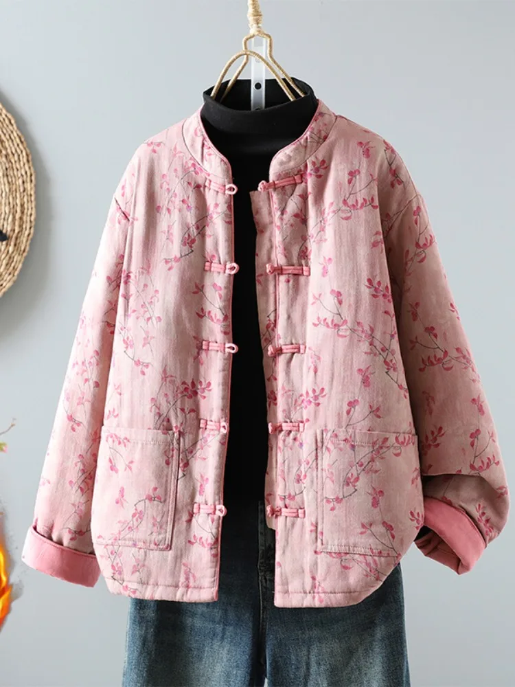 

Художественный винтажный хлопковый костюм с цветочным принтом, женский зимний костюм Тан, национальный хлопковый топ с воротником-стойкой и пуговицами