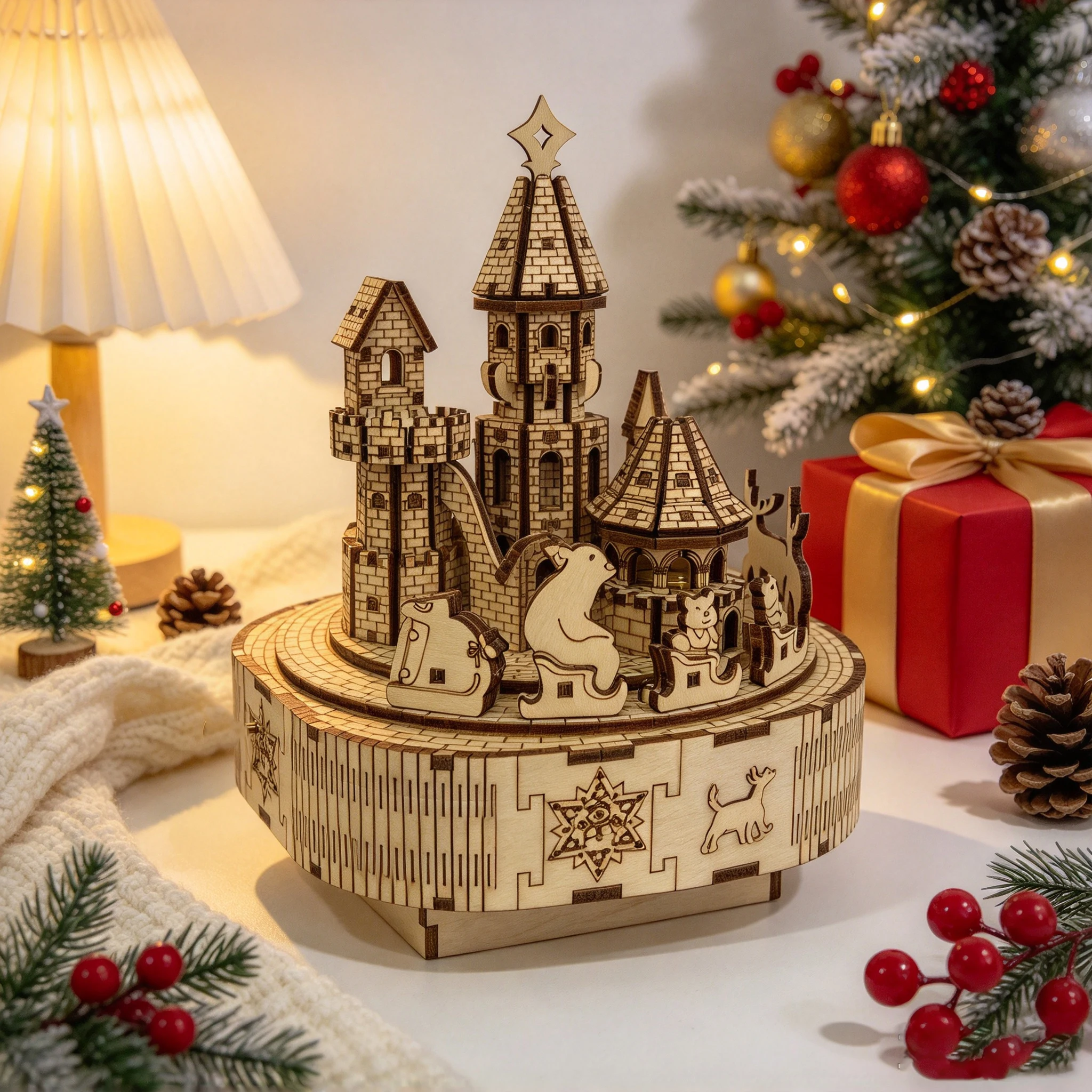 Christmas 3D Wooden Rotating Castle Music Box DIY Puzzle Model Kit, Hand-Assembled Wood Craft, Tabletop Ornament, Birthday Holid
