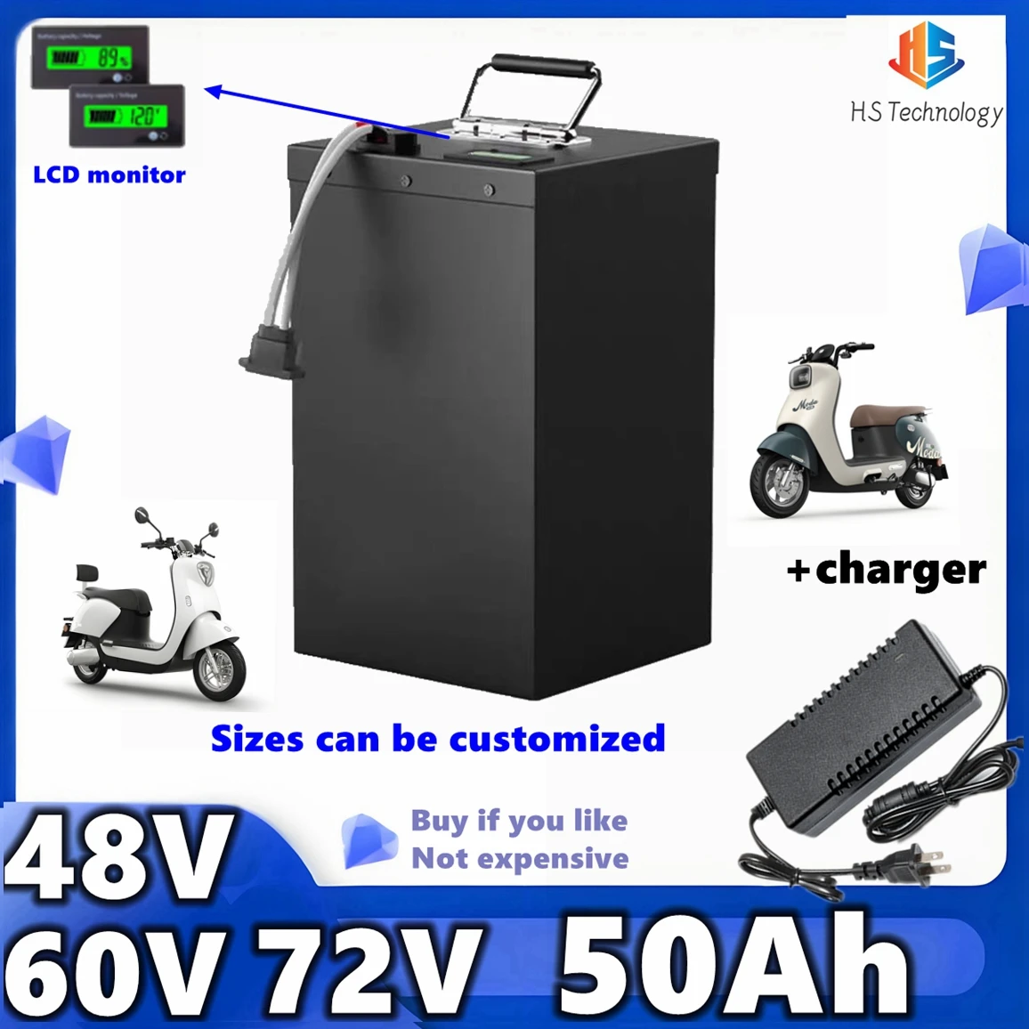 

LiFePO4 Lithium Battery Pack 48V 60V 72V 50Ah Scooter Motorcycle Built-in BMS For 2000W 3000W 5000W Electric Cart