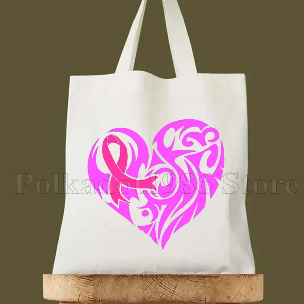 여성 유방암 핑크 리본 인식 캔버스 숄더 토트 백 하라주쿠 핸드백 에코 쇼퍼 재사용 가능한 접이식 쇼핑백