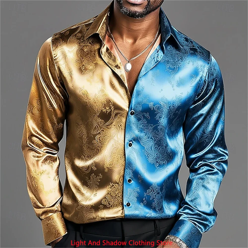 Men's Fashion Luxury Satin Long Sleeve Collar Button Shirt Baroque Flower Retro Party Ball Business Casual Top Men
