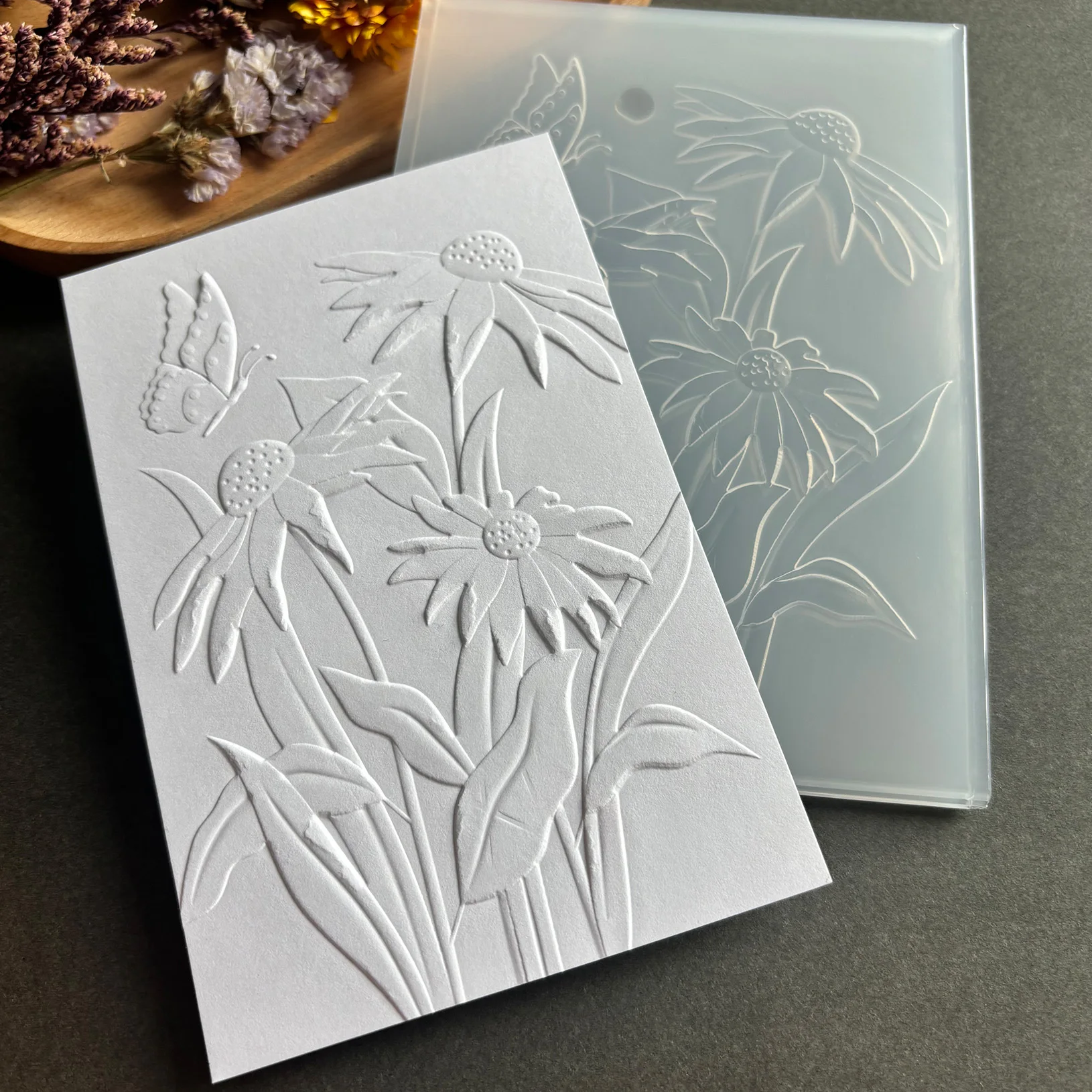 Wildflower Grass Purple Cone Chrysanthemum Butterfly Texture Embossed Board Rural Theme Handmade Invitation Letter Commemorative