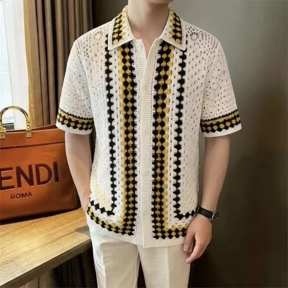 Summer American Retro Knitted Hollow out Short Sleeve Open Cardigan Loose Fit Casual Style Men's Fashion Top with Collar