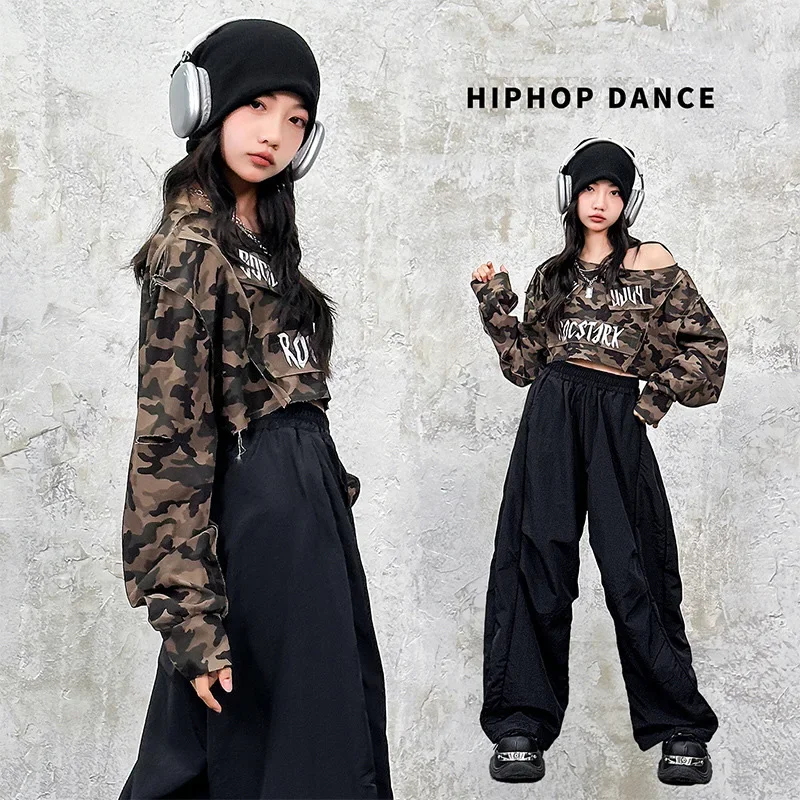 Girls Group Jazz Dance Performance Outfit Camouflage Streetwear Long Sve round Ne Basic Pa Kid Hip Hop Dance Costume