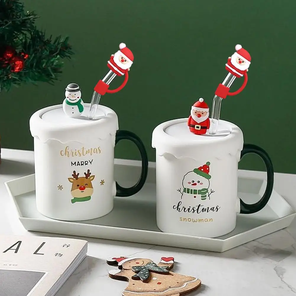 Elk Drink Cover Festive Christmas Straw Toppers Santa Claus Snowman Elk Tree Hat Design Lid for Cup Reusable for Holiday for Cup