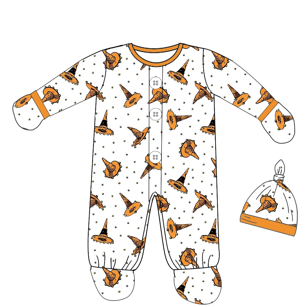 Halloween Boutique Boys' Long-sleeved Foot-binding bodysuit and hat Button Pumpkin Hat Animals Ghosts print wholesale