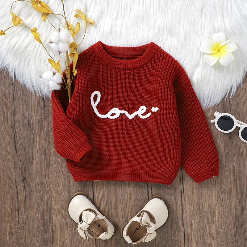 BULINGNA Infant Baby Girl Cable Knit Sweater Long Sleeve Love Flower Embroidery Pullover Knitwear Fall Winter Clothes