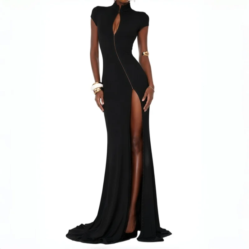 Short Sleeve O Neck Women Dresses Split Metal Buckle Solid Sheath Sexy Club Fashion Evening Party Outfits Female Bodycon