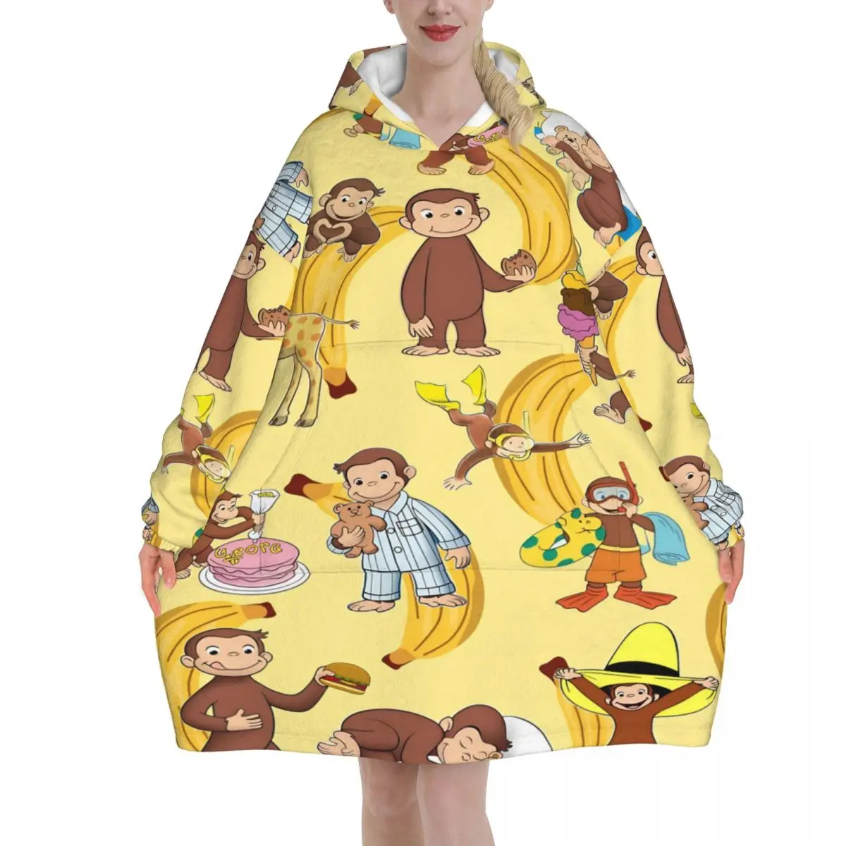 Curious George African Monkey Wearable Blanket Hoodie for Women Men Oversized Sweatshirt Blanket with Pocket