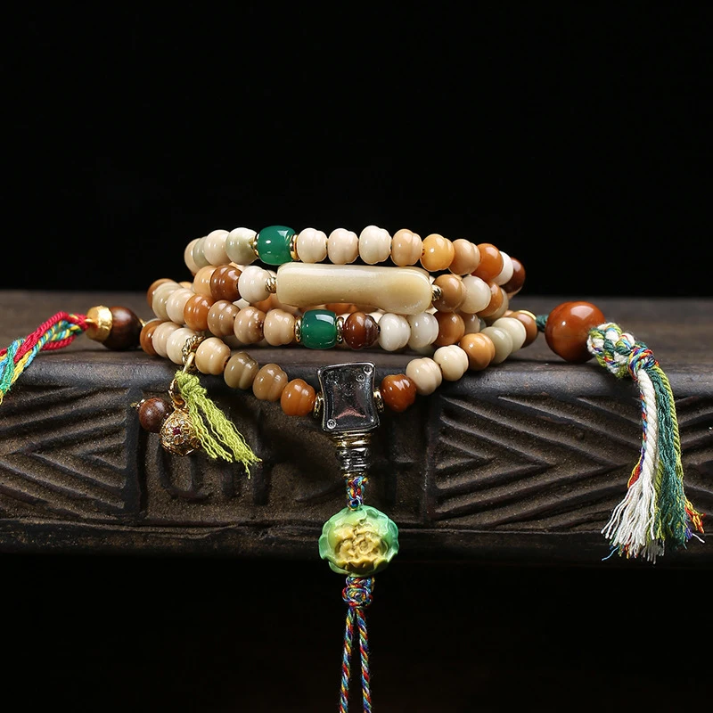 Longshi Bodhi 108-bead multi-loop bracelet with Tibetan silver three-way agate monkey gourd accessories