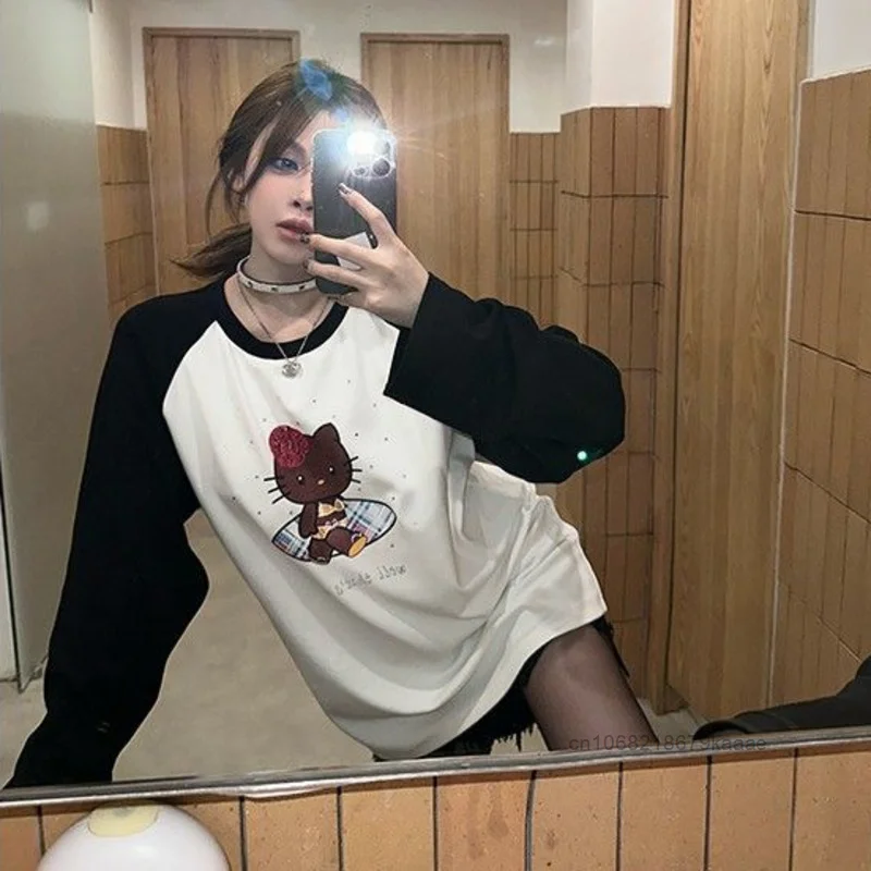 Sanrio Hello Kitty Cartoon Print Raglan Contrast Tees Women Autumn Korean Style Long Sleeve T-shirt Sweet Cool Fun Versatile Top