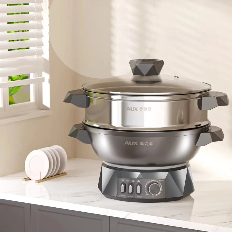 Wok Eléctrico de Hierro Fundido, Multifuncional, Todo en Uno, Olla Eléctrica Antiadherente para Cocinar al Vapor, Freír y Estofar