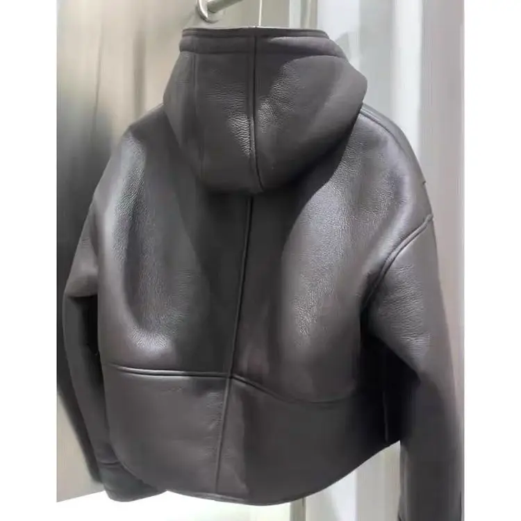 Autumn Winter Niche Unique Chic Top French Small Fragrant Celebrity Design Sense Korean Hooded Leather Jacket Short Coat Women