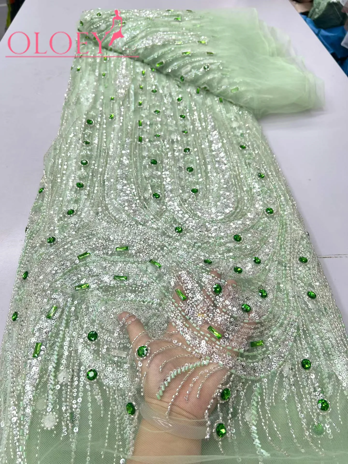 OLOEY Luxury French African Handmade Embroidery Crystal Stone Beads Lace High Quality Nigerian Sequin Lace Fabric For Wedding Dr