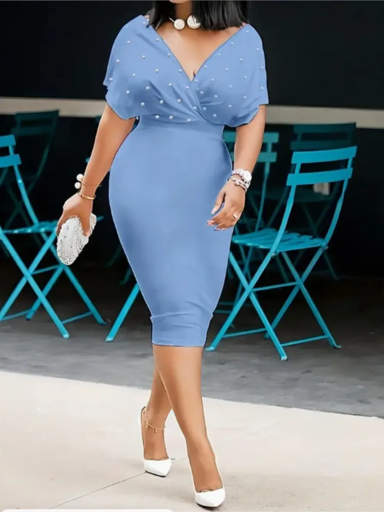 여성용 섹시 V넥 패키지 힙 우아한 드레스 봄 여름 여성 단색 슬림 오피스 미디 드레스 패션 파티 드레스