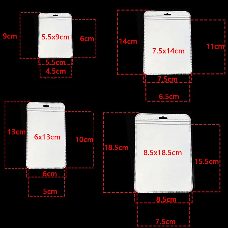 50 pces engrossar auto selagem opp sacos de plástico transparente bolsa de armazenamento com pendurar buraco para jóias exibição varejo embalagem