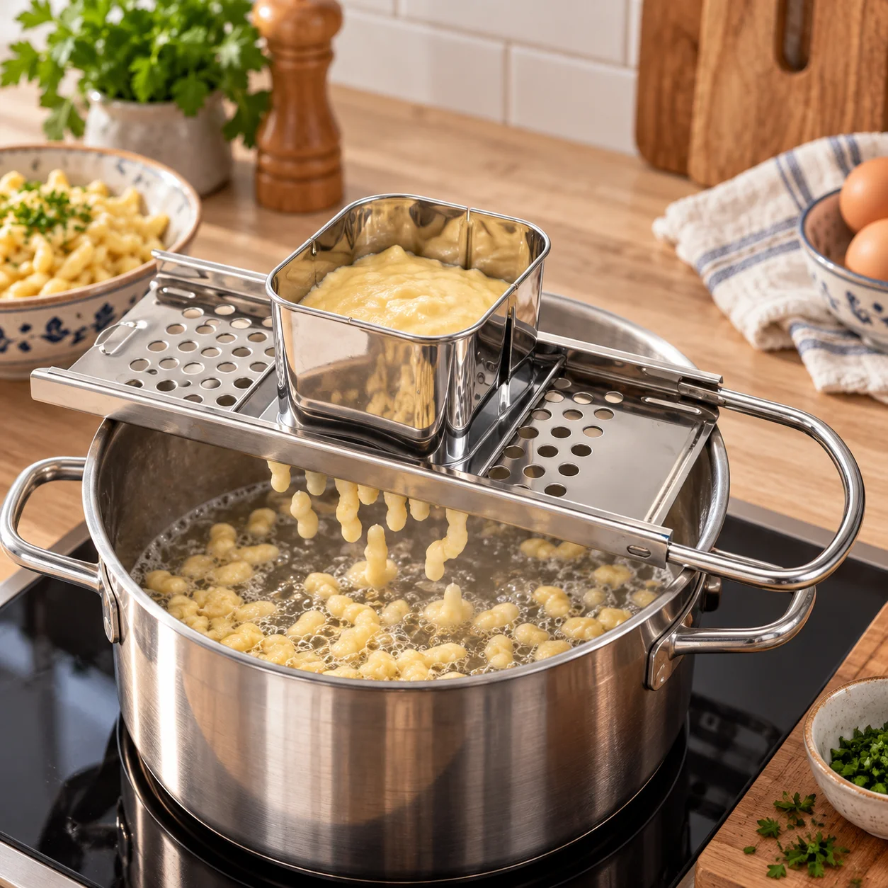 Stainless Steel Spaetzle Maker with Removable Sliding Hopper, German Spatzle Knöpfle Dumpling Grater, Manual Pasta Making Tool