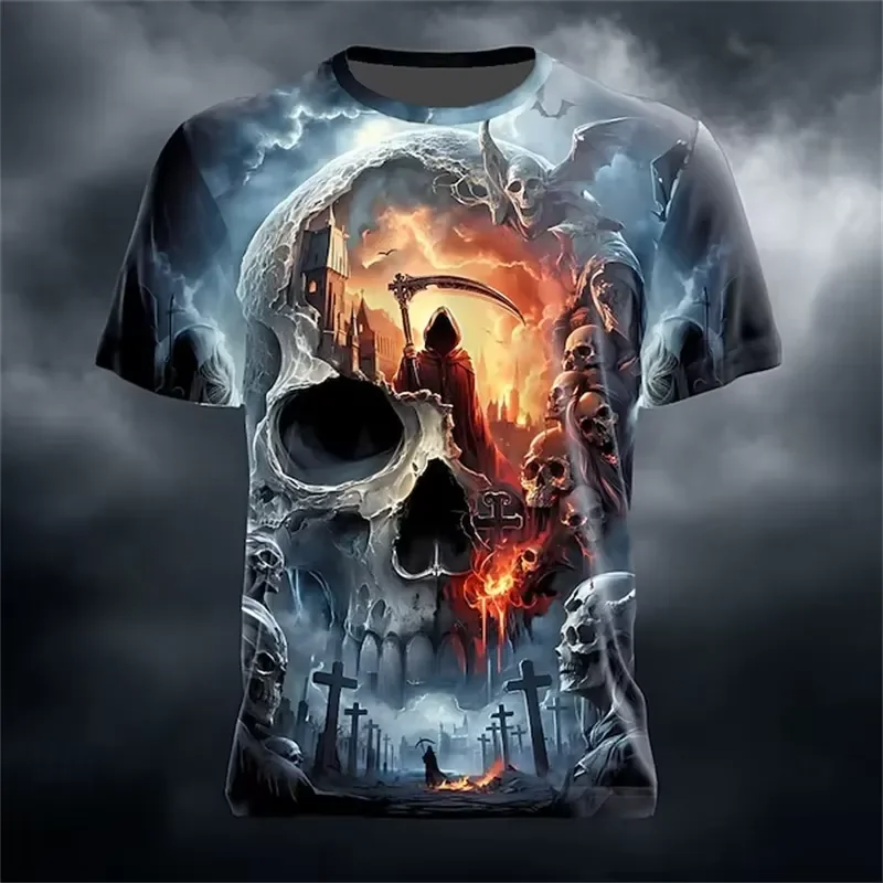 3D Skull Print Flame Graphic Men's T Shirt Fashion Crew Neck Short Sleeve Tee Summer Daily Wear Halloween Gift 2026