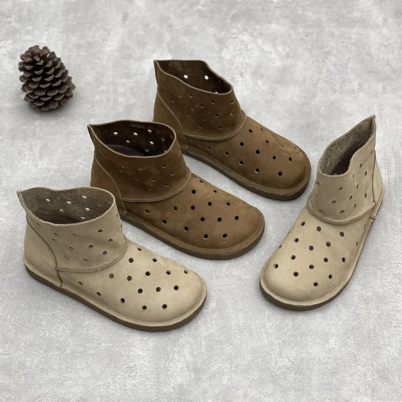 

GKTINOO Genuine Leather Women's Summer Boots 2025 New Versatile Round Toe Flat Bottomed Soft Cowhide Hollow-out Sandals