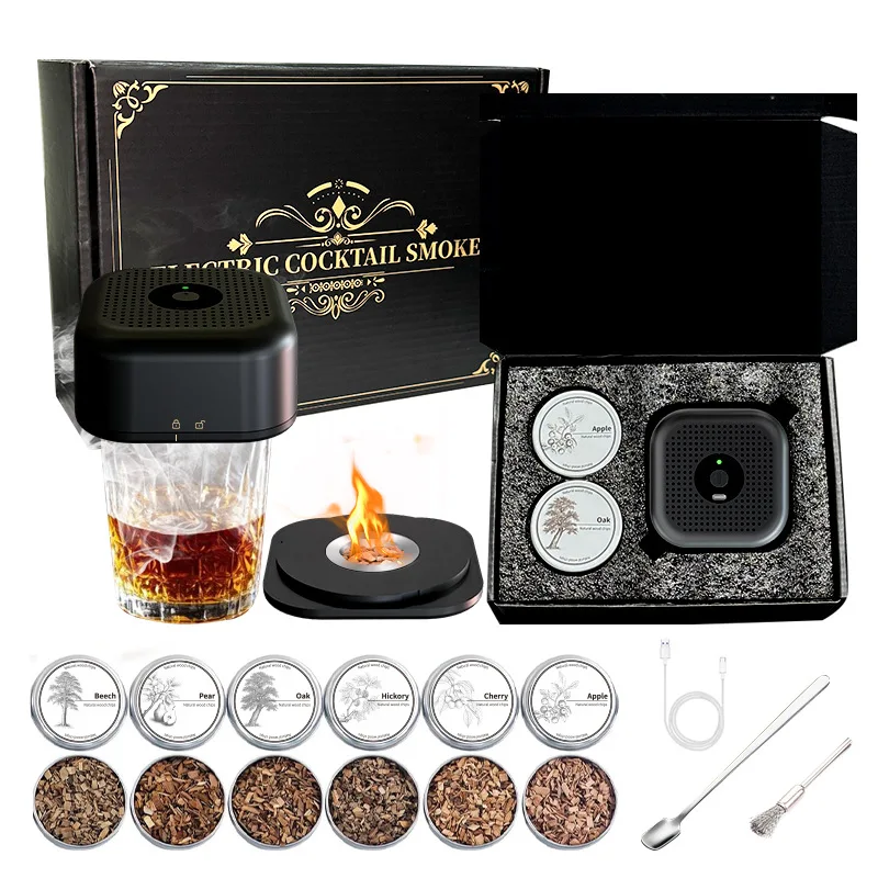 Kit de fumeur de cocktail électrique avec cuillère, comprenant six copeaux de bois et câble de chargement USB, Kit de fumeur de whisky, Kit de fumeur Bourbon