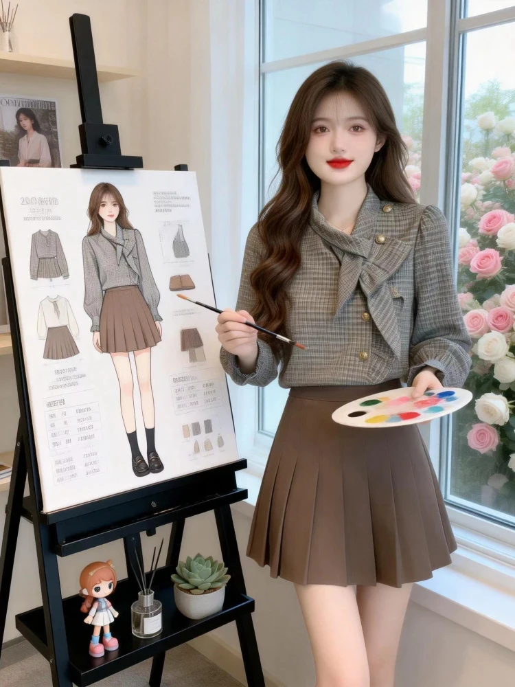 

Korean Sle Color Colion Plaid irt Skirt Set Women's Casual Faion Spring New High Waist Pleated Skirt Two-Piece Set