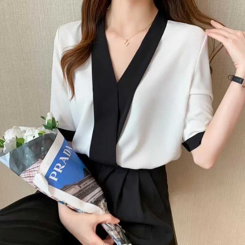 Elegant V-Neck Spliced Half Sleeve Loose Chiffon Shirt Women\'s Clothing 2024 Summer New Casual Tops Office Lady Blouse