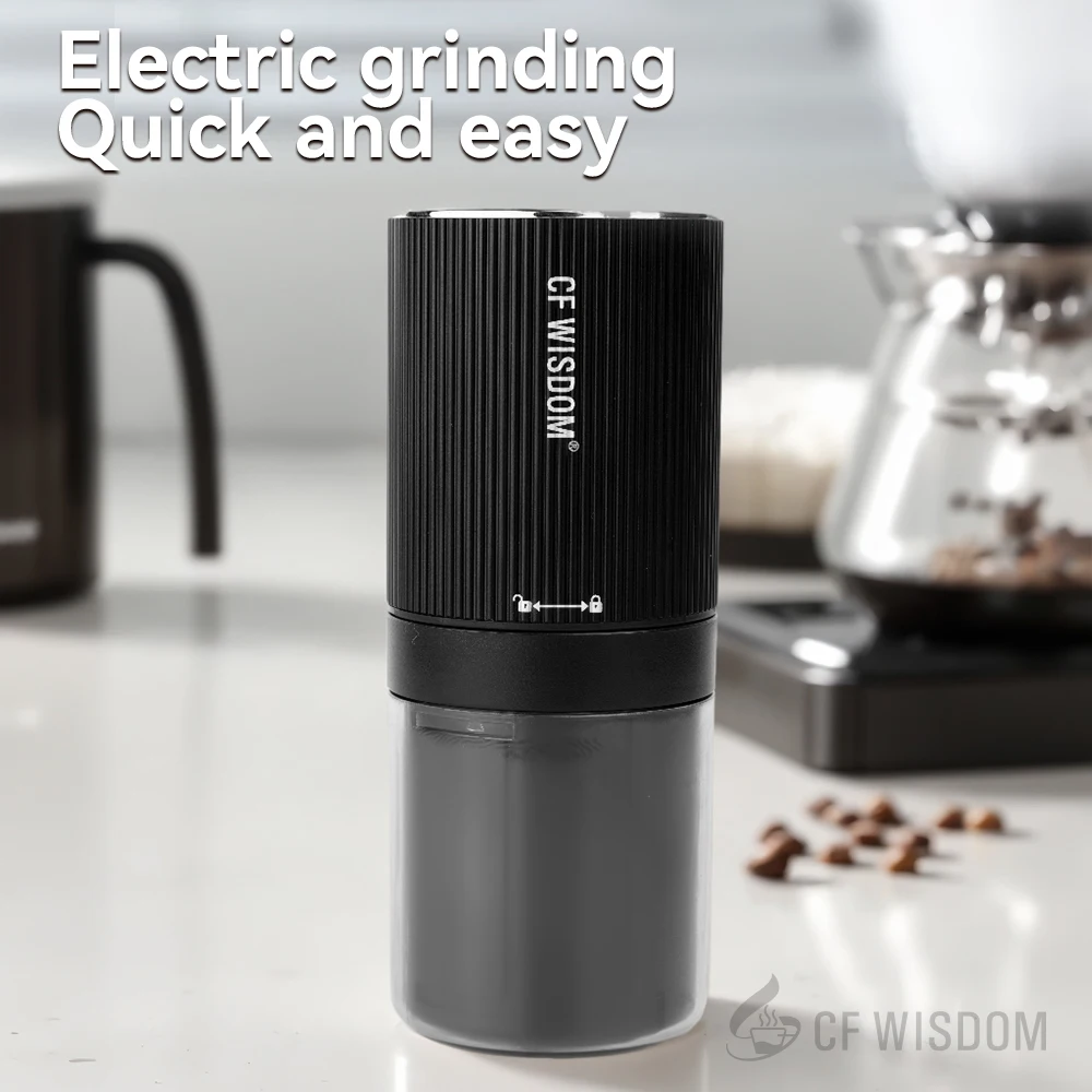 CF WISDOM Neue tragbare elektrische Kaffeebohnenmühle, 420 Edelstahl, Fünf-Sterne-Trennscheibe, 20 g